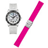 The watch comes with two strap: white and pink
