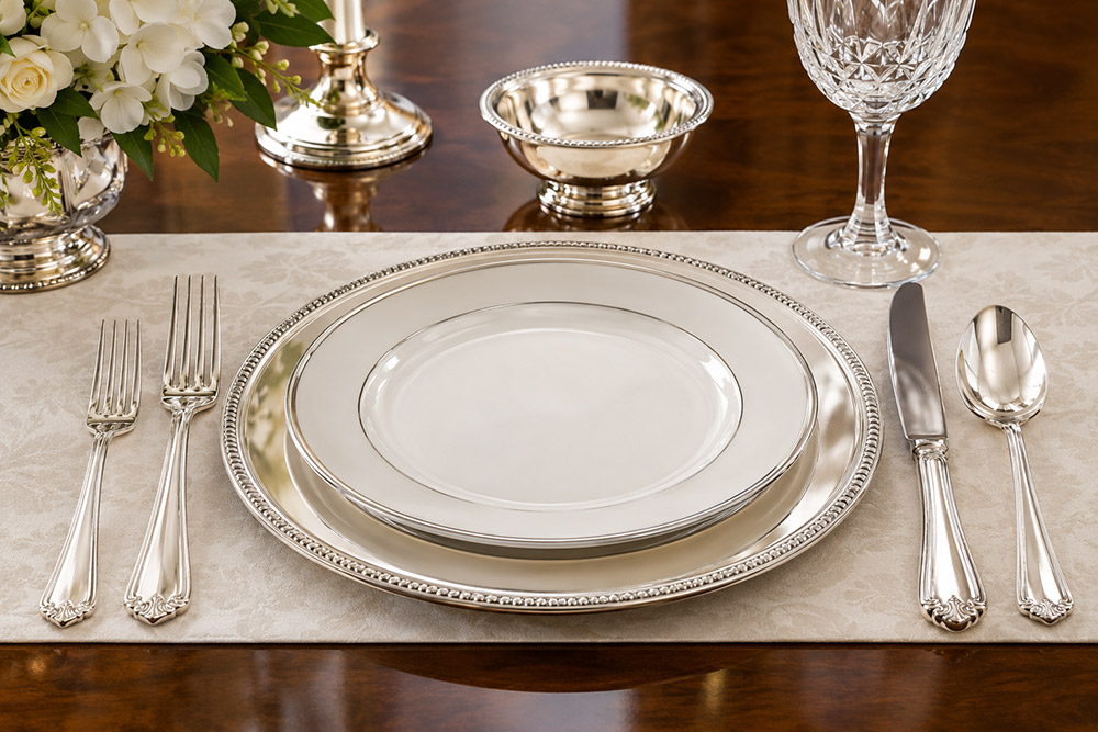 A formal sterling silver place setting with beaded-edge charger and plates, flatware, and a silver bowl and candlestick on the table