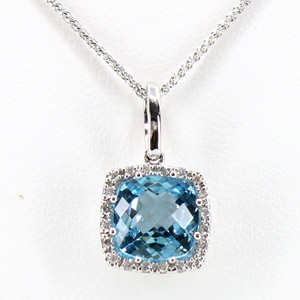 Blue Topaz And Diamonds Necklace In 14 Karat White Gold