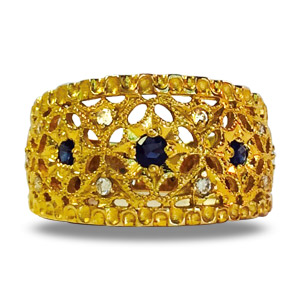 14K Yellow Gold Filigree Ring Round Diamonds Sapphires