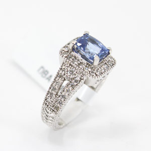 14 Karat White Gold Ring With 1.80 Ct Blue Sapphire & .50 Ct  Diamonds