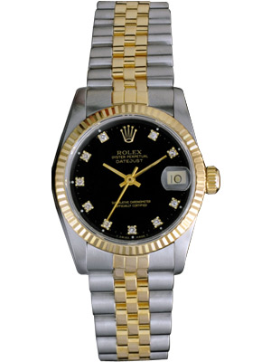 Preowned Rolex Watch Lady 68273 Smooth Bezel 18k Gold Jubilee Bracelet Black Dial